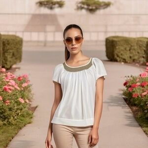 MK2K Womens Top M White Satin Beige Lace Short Sleeve Ruffle Blouse Crewneck VG